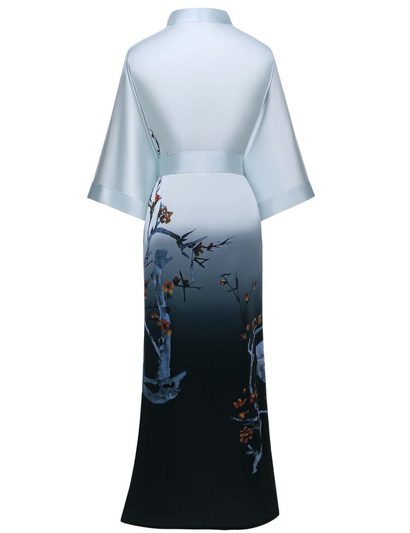 PRODESIGN Long Satin Nightgown with Gradient Watercolor Pattern - Silky Kimono Robe and Bathrobe - Image 2