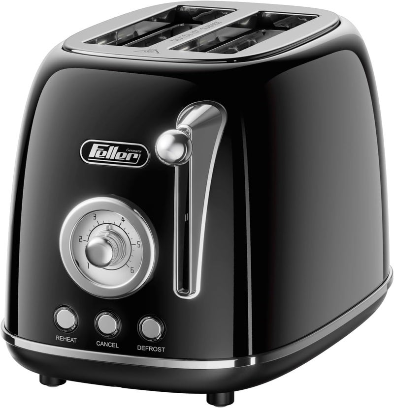 Feller Germany, Retro Style 2-Slice Toaster, 815 W, Steel Body, Dust Cover & foldable Bun Warmer,Defrost, Reheat & Cancel Function,Removable Crumb Tray, TO290, 2Y Guarantee, KSA Version (Glossy Black) - Image 1