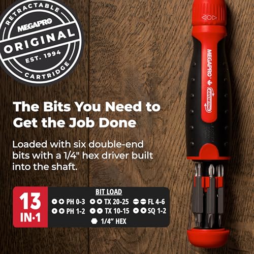 Megapro Ratcheting Screwdriver - 13-in-1 Multi Bit Screw Driver w/ ¼" Hex Shaft for Phillips, Star, Flat, Square Bit - Ratchet Screwdriver w/Retractable Cartridge - Multi Screwdriver - Image 2