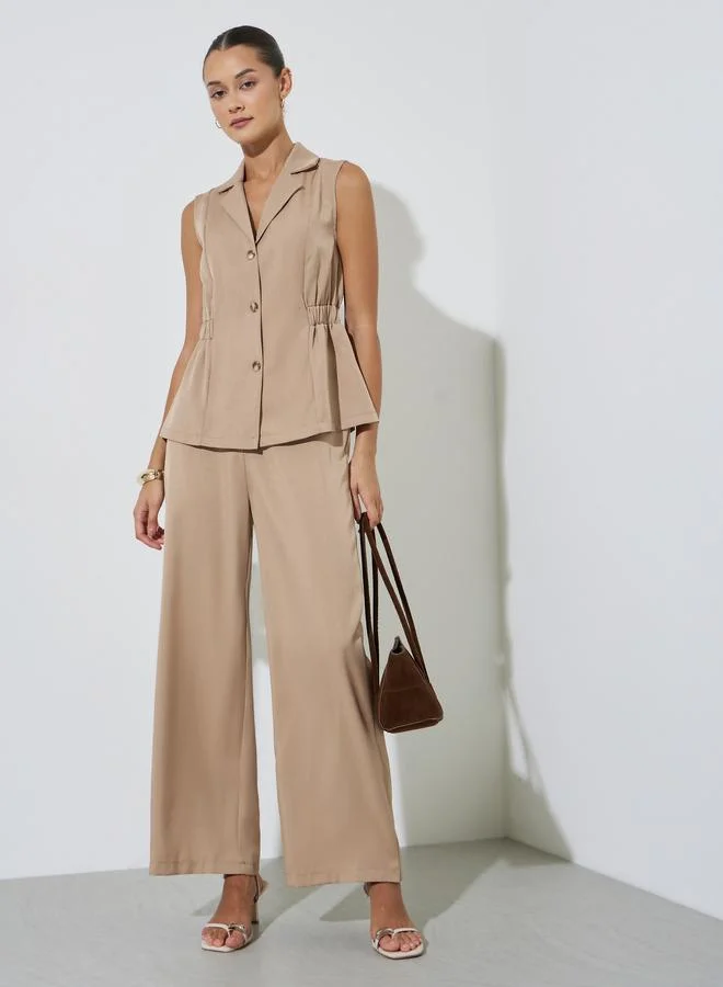 Styli Beige Solid Wide Leg Pants