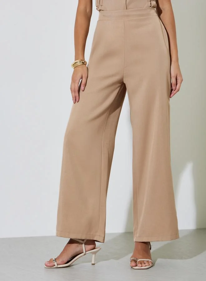 Styli Beige Solid Wide Leg Pants