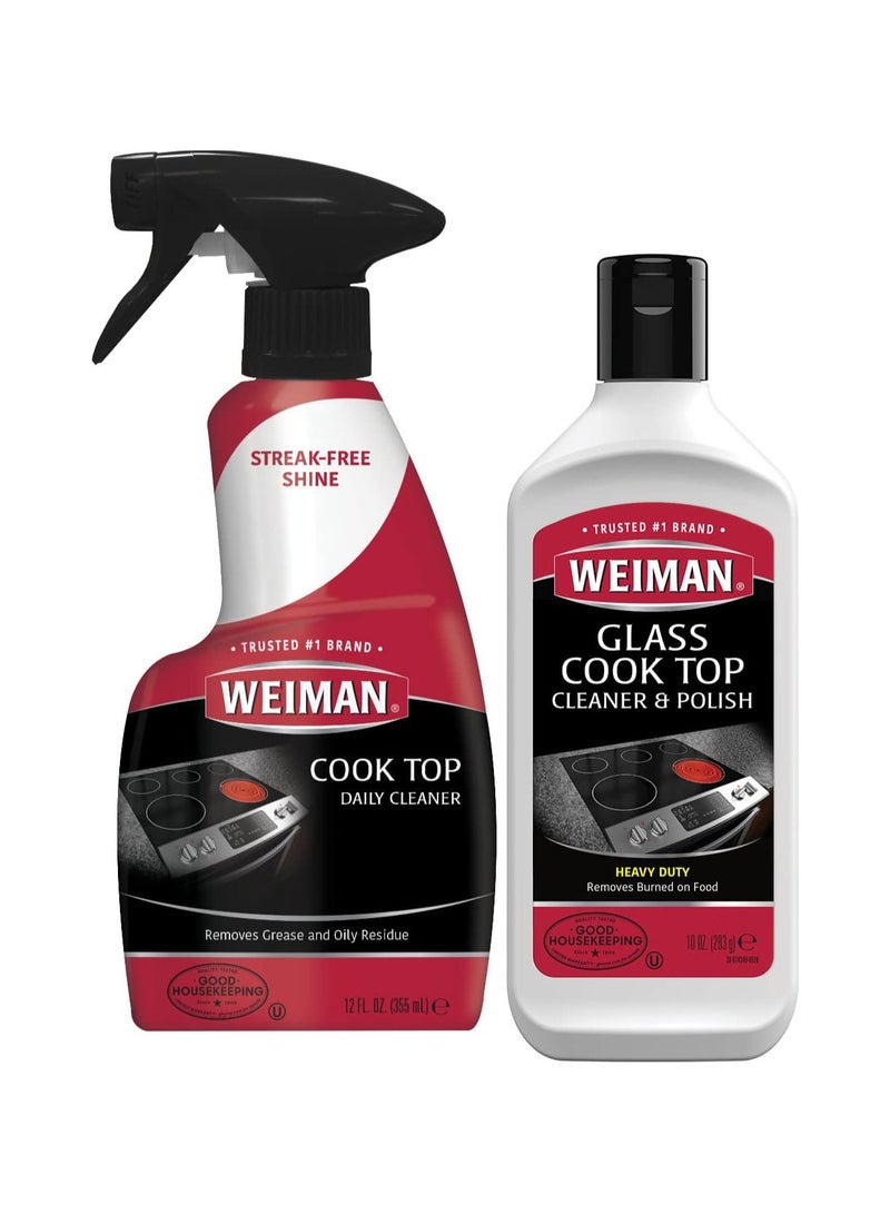 Weiman موقد سيراميك وزجاج - 10 أونصة - مجموعة منظف يومي لسطح الموقد - 12 أونصة - حزمة تنظيف موقد زجاجي للحث لتنظيف الفوضى الثقيلة وإزالة الطعام المحترق - Image 1