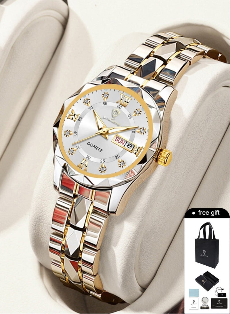 GOHUOS Women Quartz Watches, Top Brand Luxury Fashion Ladies Analog Waterproof Luminous Date Stainless Steel Band Wrist Watch - 28mm - Sliver/Golden - Mother or Girlfriend Gift & Eid Ramadan Gifts - Image 1