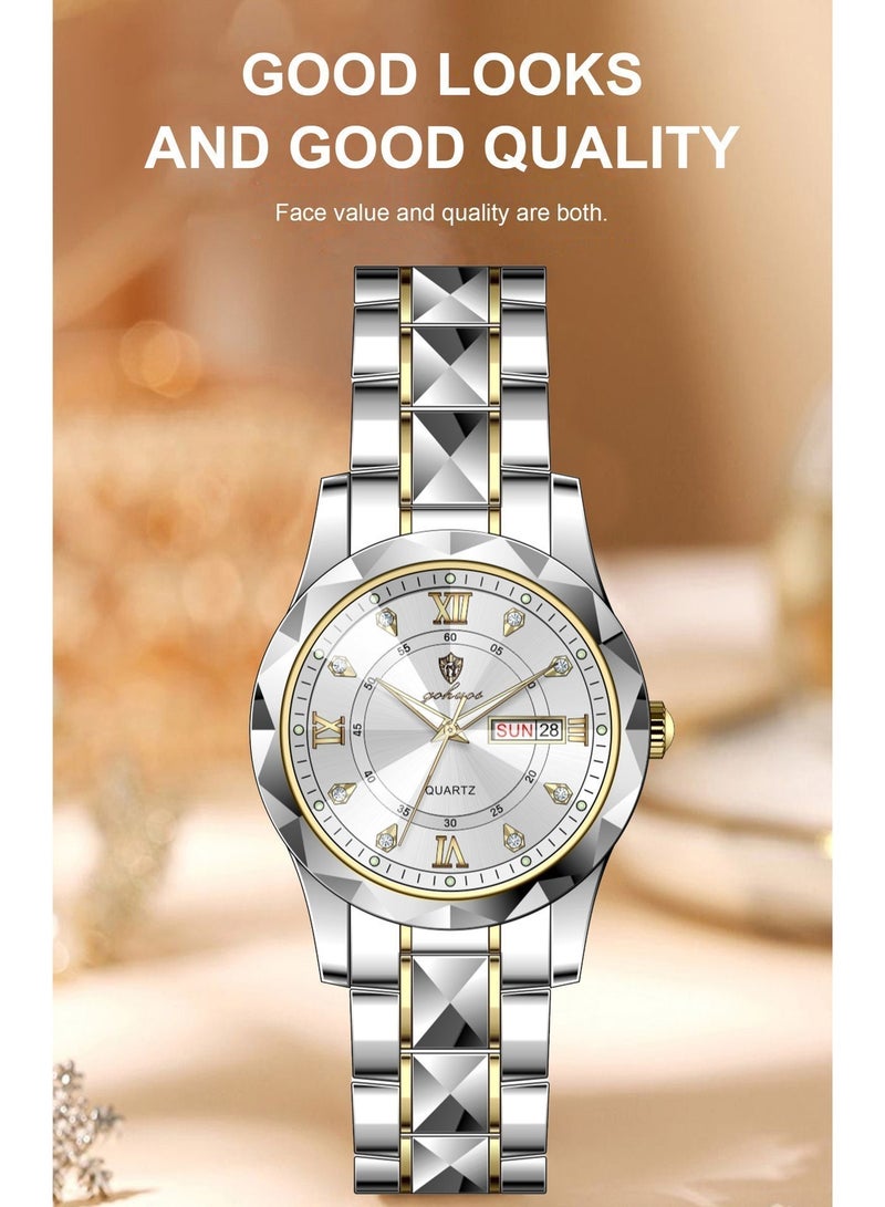 GOHUOS Women Quartz Watches, Top Brand Luxury Fashion Ladies Analog Waterproof Luminous Date Stainless Steel Band Wrist Watch - 28mm - Sliver/Golden - Mother or Girlfriend Gift & Eid Ramadan Gifts - Image 4