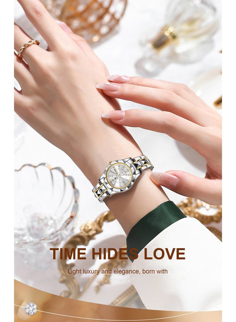 GOHUOS Women Quartz Watches, Top Brand Luxury Fashion Ladies Analog Waterproof Luminous Date Stainless Steel Band Wrist Watch - 28mm - Sliver/Golden - Mother or Girlfriend Gift & Eid Ramadan Gifts - Image 3