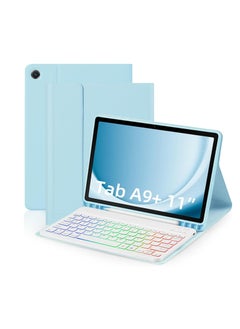 حافظة مع لوحة مفاتيح لجهاز Samsung Galaxy Tab A9 Plus مقاس 11 بوصة (SM-X210/X215/X216/X218)، لوحة مفاتيح USB-C قابلة للفصل بإضاءة خلفية بألوان قوس قزح 7 ألوان مع فتحة قلم لجهاز Tablet A9+ 5G أزرق سم
