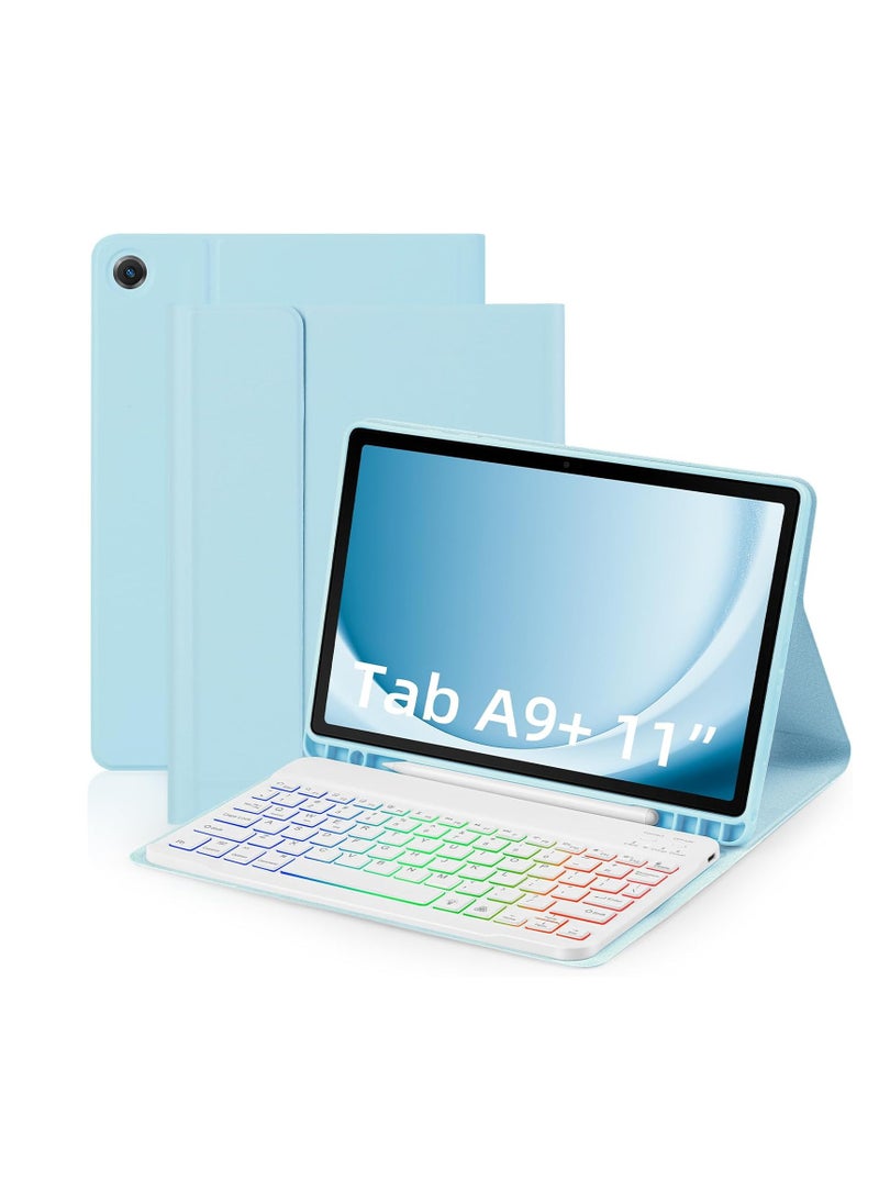 ماركة غير محددة - حافظة مع لوحة مفاتيح لجهاز Samsung Galaxy Tab A9 Plus مقاس 11 بوصة (SM-X210/X215/X216/X218)، لوحة مفاتيح USB-C قابلة للفصل بإضاءة خلفية بألوان قوس قزح 7 ألوان مع فتحة قلم لجهاز Tablet A9+ 5G أزرق سم - Image 1