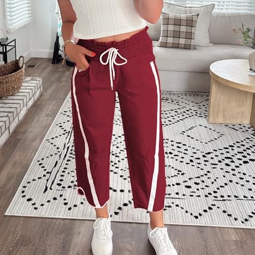 SeeLuNa Casual Wide Leg Pants Woman Drawstring Elastic Waist High Rise Strip Flowy Long Lounge Trousers with Pockets(Dark-Red,XS) - Image 5
