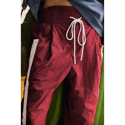 SeeLuNa Casual Wide Leg Pants Woman Drawstring Elastic Waist High Rise Strip Flowy Long Lounge Trousers with Pockets(Dark-Red,XS) - Image 3