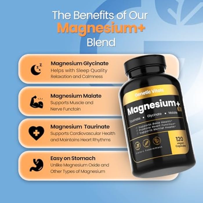 Genetic Vitals Triple Magnesium Complex 300mg - High Absorption Magnesium Glycinate, Taurate & Malate - Gluten-Free & Vegan - 120 Capsules - Image 3