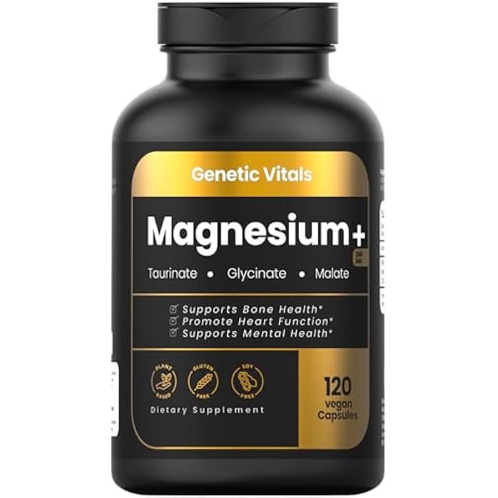 Genetic Vitals Triple Magnesium Complex 300mg - High Absorption Magnesium Glycinate, Taurate & Malate - Gluten-Free & Vegan - 120 Capsules - Image 1