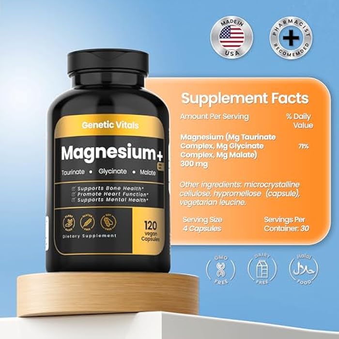 Genetic Vitals Triple Magnesium Complex 300mg - High Absorption Magnesium Glycinate, Taurate & Malate - Gluten-Free & Vegan - 120 Capsules - Image 2