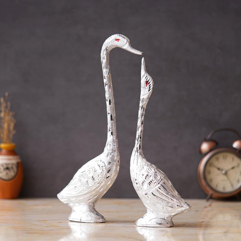 Webelkart Pair of Kissing Duck, Swan Showpiece for Home Decor - 29 cm (Silver)