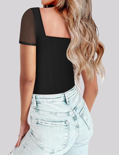 Chunpin Women's Bodysuits Square Neck Short Sleeve Bodysuits Mesh Ruched Thong Body Suit Outfits Going Out Tops Black M - Image 3