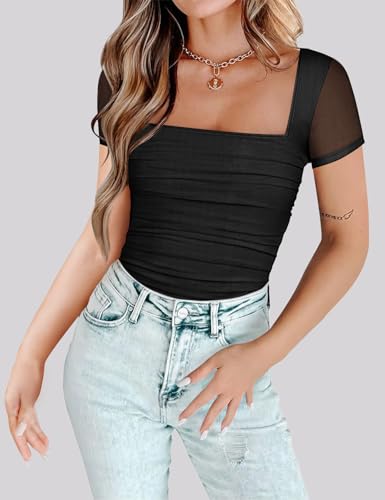Chunpin Women's Bodysuits Square Neck Short Sleeve Bodysuits Mesh Ruched Thong Body Suit Outfits Going Out Tops Black M - Image 4
