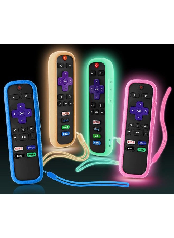 SOTATOO حافظة 4 عبوات لجهاز التحكم عن بُعد من Roku، غطاء لجهاز التحكم عن بُعد الصوتي من Roku/Hisense/TCL Roku TV Steaming Stick، غلاف واقي عالمي من السيليكون لجهاز التحكم عن بُعد من Roku TV يتوهج في الظلام مع حبال - Image 1