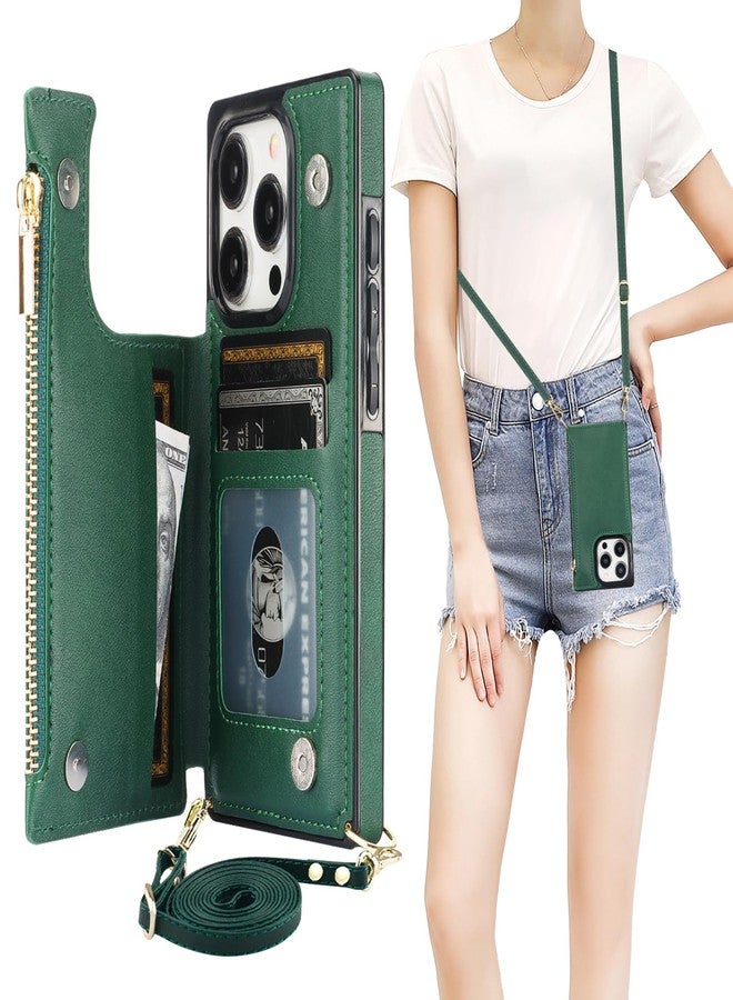 Bocasal Crossbody Wallet Case for iPhone 15 Pro with RFID Blocking Card Slot Holder, Magnetic Flip Folio Purse Case, PU Leather Zipper Handbag with Detachable Lanyard Strap 6.1 Inch 5G (Green) - Image 1