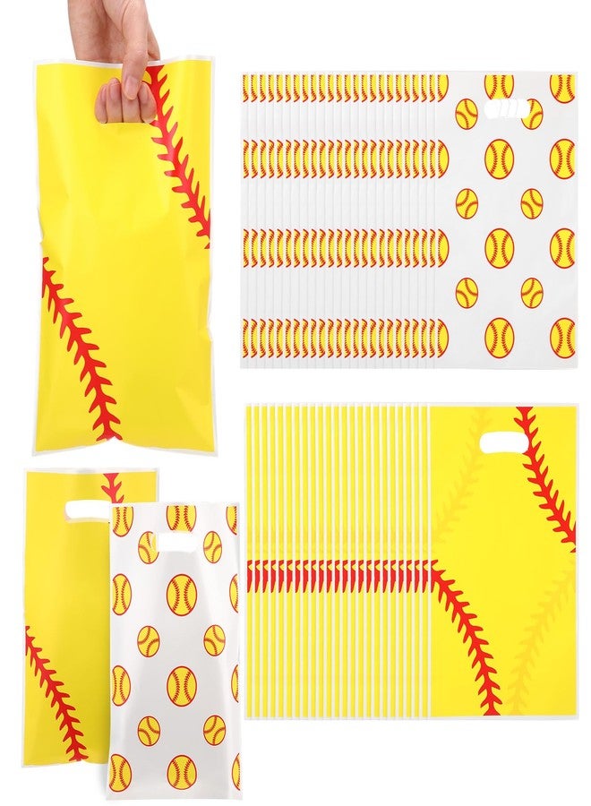 SilTriangle 60 Pcs Baseball & Softball Snack Bags with Handle 10 x 6.5 Inch Small Gifts Bags Sport Party Favors Bag for Birthday Party Decoration Supplies(Softball Style - Image 1