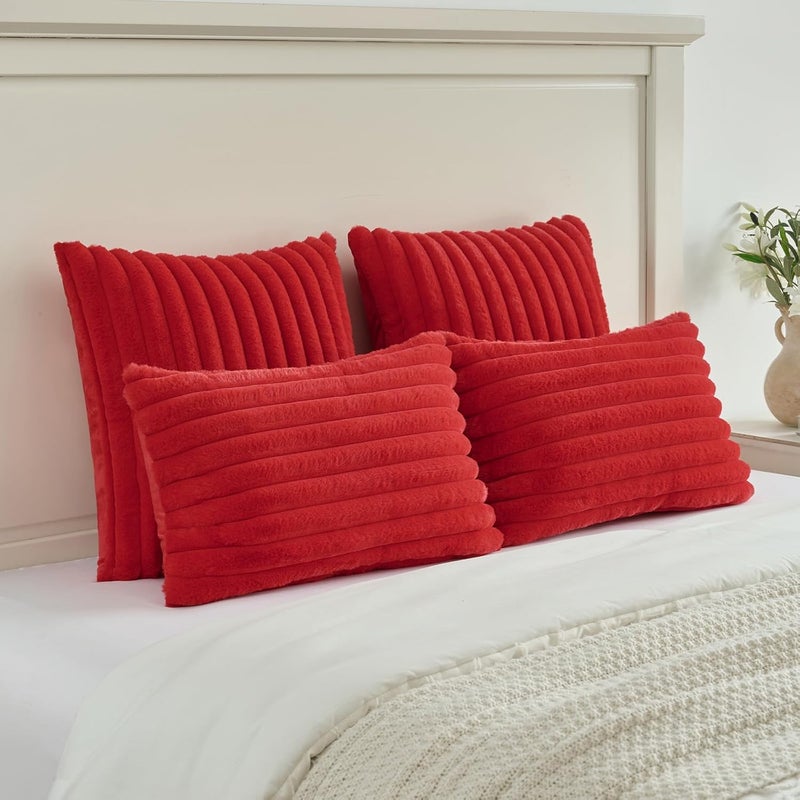 FUTEI Pack of 2 Fluffy Faux Fur Throw Pillow Covers 16x16 Inch Elegant Striped Textured Decorative Cushion Cases Modern Accent Pillow for Couch Bed Living Room, Red - Image 5
