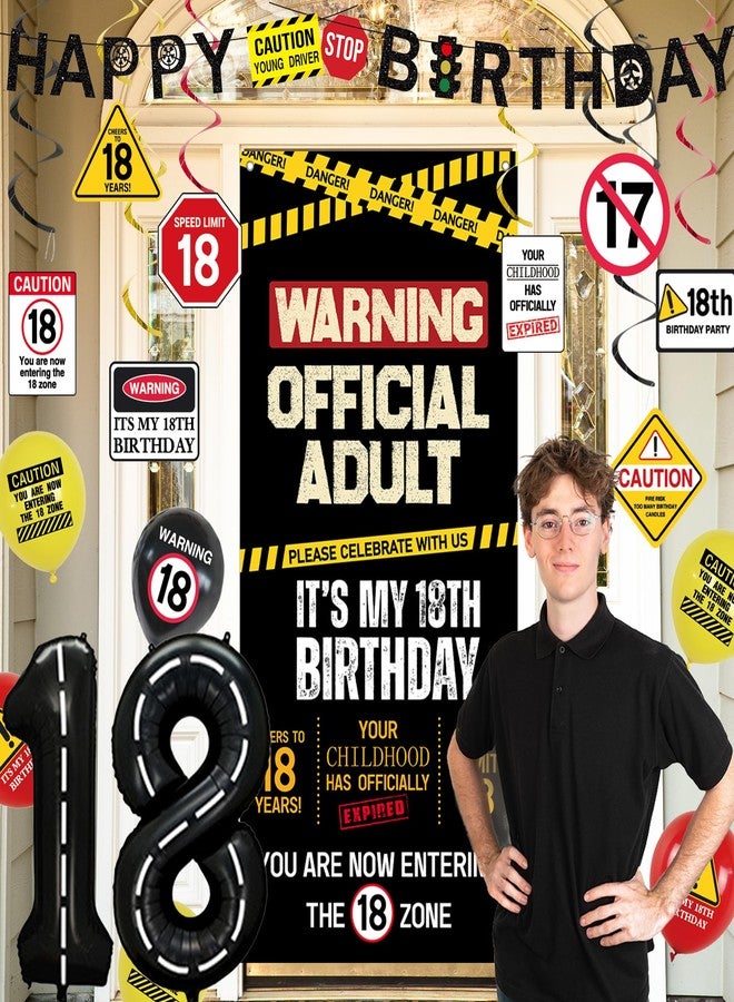 Roetyce 18th Birthday Decorations for Boys Girls, Caution Logos Happy 18th Birthday Banner Backdrop Balloons Hanging Swirls Kit, 18 Years Old Party Yard Door Wall Cover Background - Image 4