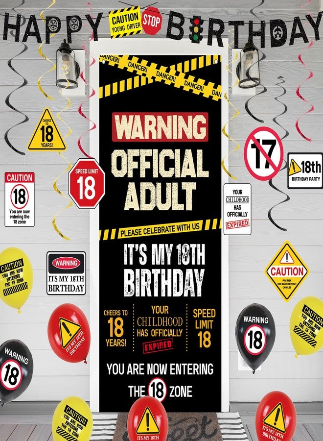 Roetyce 18th Birthday Decorations for Boys Girls, Caution Logos Happy 18th Birthday Banner Backdrop Balloons Hanging Swirls Kit, 18 Years Old Party Yard Door Wall Cover Background - Image 5