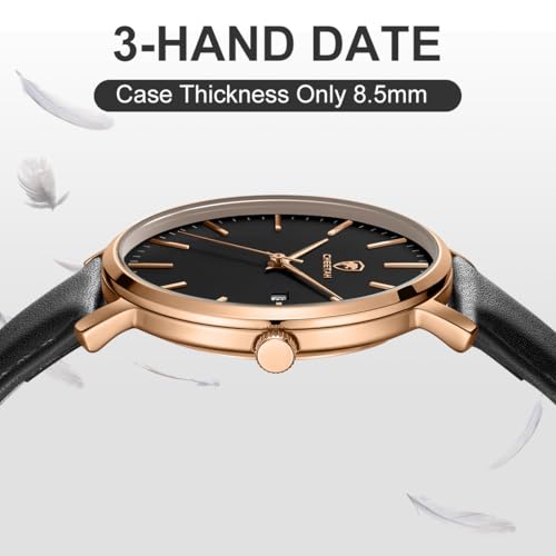 CHEETAH Minimalist Waterproof Quartz Watches for Men Rose Gold Case with Black Leather Strap, Auto Date - Image 4