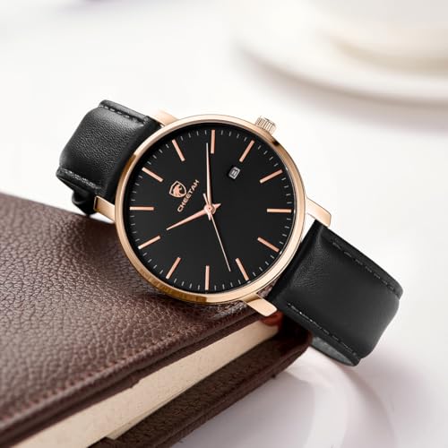 CHEETAH Minimalist Waterproof Quartz Watches for Men Rose Gold Case with Black Leather Strap, Auto Date - Image 5