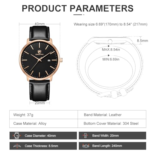 CHEETAH Minimalist Waterproof Quartz Watches for Men Rose Gold Case with Black Leather Strap, Auto Date - Image 3