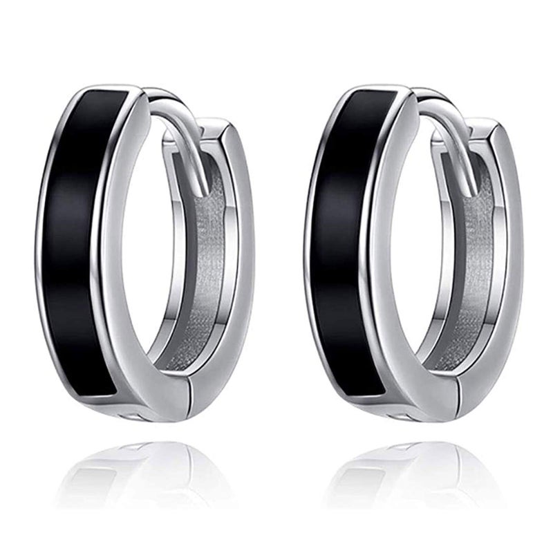 Mens Earrings 925 Sterling Silver Black Small Huggie Hoop Earrings for Women Men Hypoallergenic Hoops Earring for Sensitive Ears