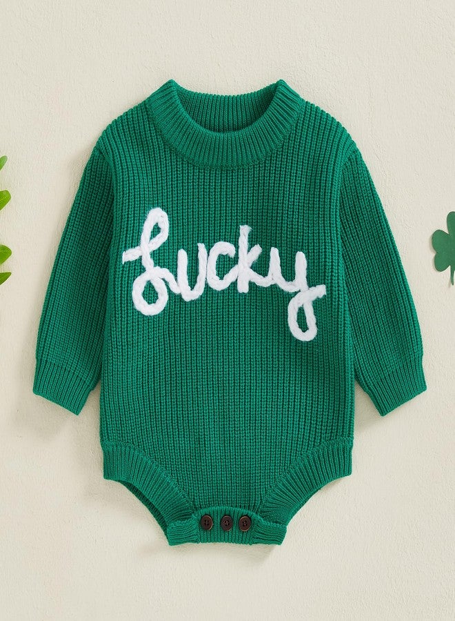 DNOMAID YZARC Baby Boy Girl St Patricks Day Outfit Lucky Embroidery Sweater Bubble Romper Long Sleeve Knit Bodysuit Outfits (Green, 0-3 Months) - Image 2