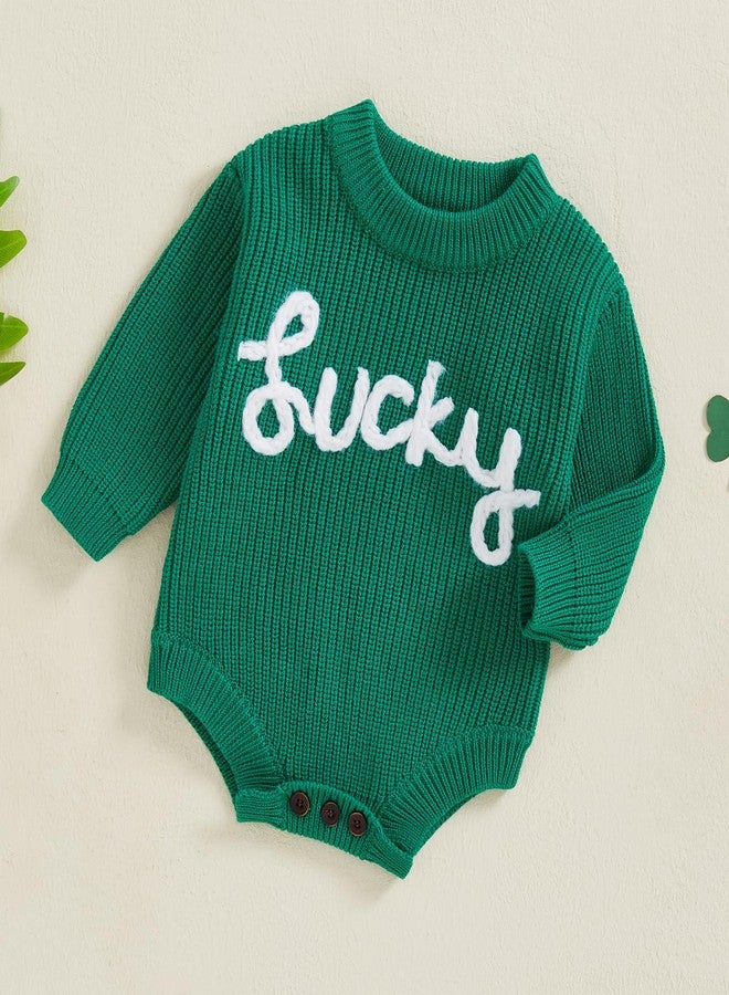 DNOMAID YZARC Baby Boy Girl St Patricks Day Outfit Lucky Embroidery Sweater Bubble Romper Long Sleeve Knit Bodysuit Outfits (Green, 0-3 Months) - Image 3