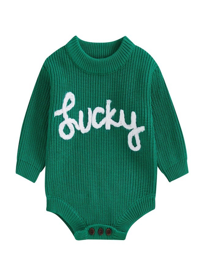 DNOMAID YZARC Baby Boy Girl St Patricks Day Outfit Lucky Embroidery Sweater Bubble Romper Long Sleeve Knit Bodysuit Outfits (Green, 0-3 Months) - Image 1
