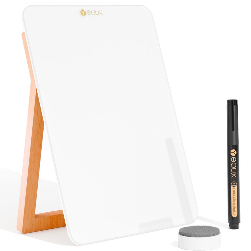 Desktop Glass Whiteboard with Reversible Wood Stand Small White Board Mini Dry Erase Whiteboard Easel for Desk Reusable Desk Notepad 95x67 for Home Office Accessories Included Yeoux