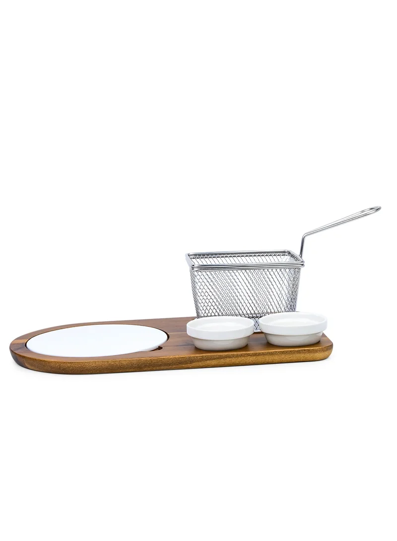 Shallow Shallow Acacia Wood Porcelain 4 Pieces Serving Set with Basket, White & Brown