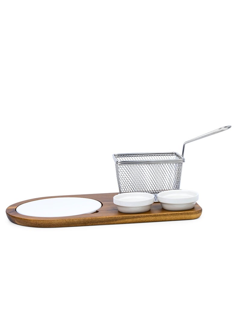 Shallow Acacia Wood Porcelain 4 Pieces Serving Set with Basket, White & Brown - Image 1