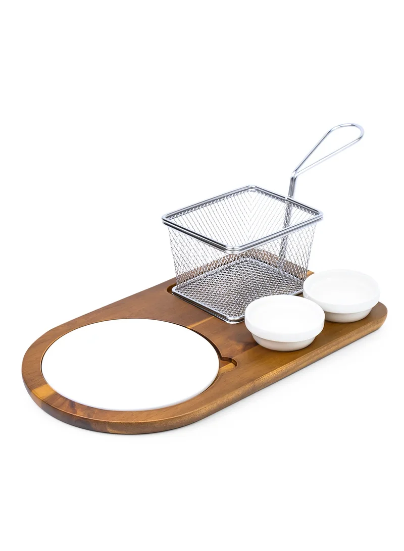 Shallow Shallow Acacia Wood Porcelain 4 Pieces Serving Set with Basket, White & Brown