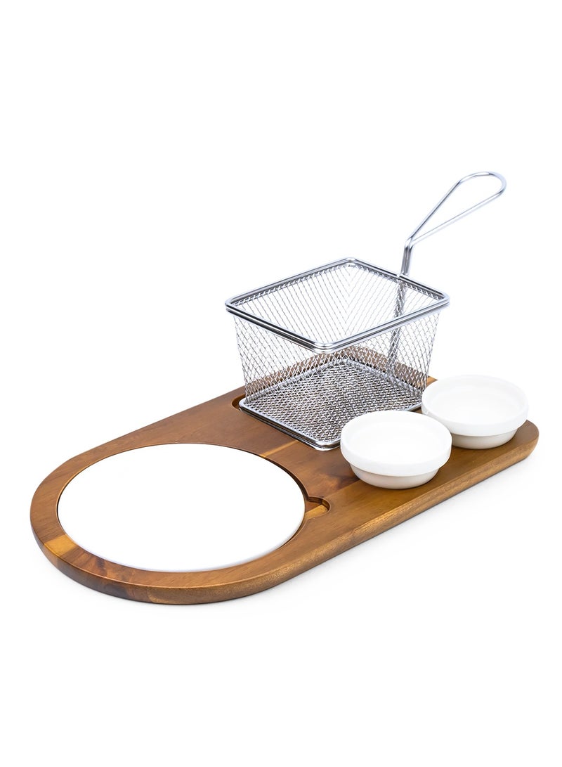 Shallow Acacia Wood Porcelain 4 Pieces Serving Set with Basket, White & Brown - Image 2