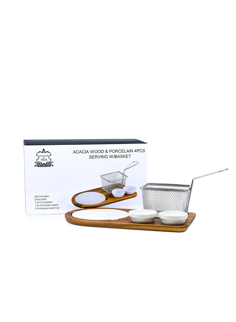 Shallow Acacia Wood Porcelain 4 Pieces Serving Set with Basket, White & Brown - Image 5