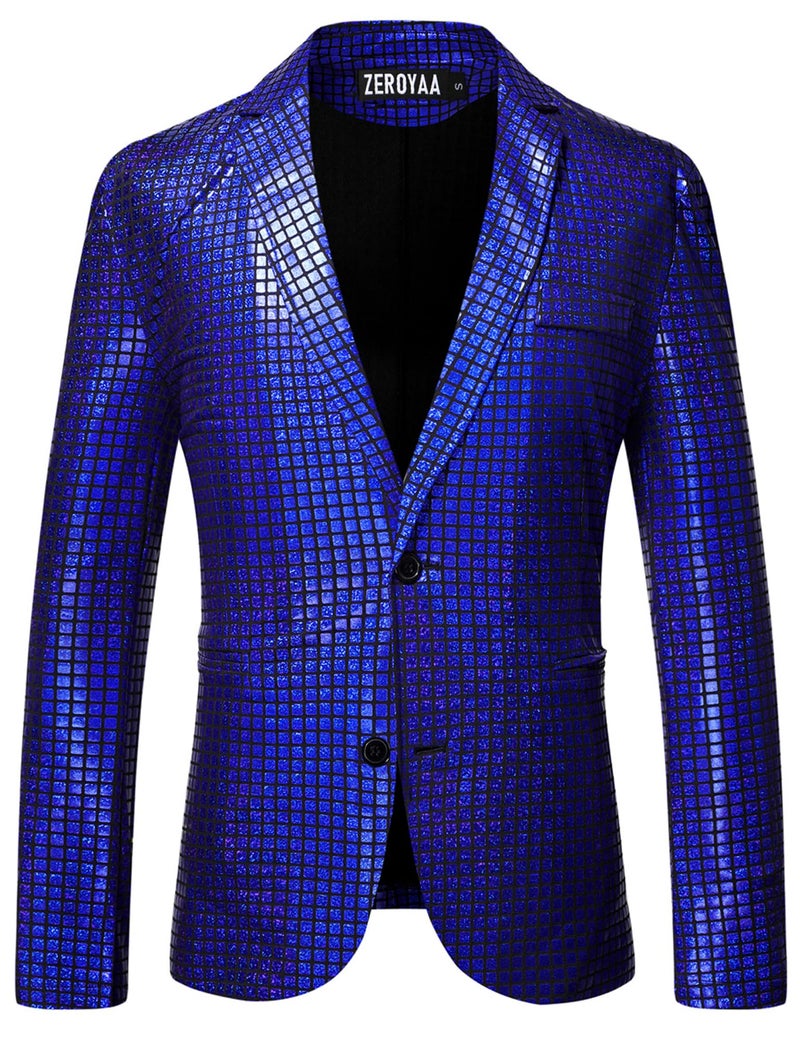 Zeroyaa Men'S 70S Disco Suits Metallic Shiny Sequin Outfits Blazer And Pants Set Dance Party Costume Royal Blue X-Large - Image 2