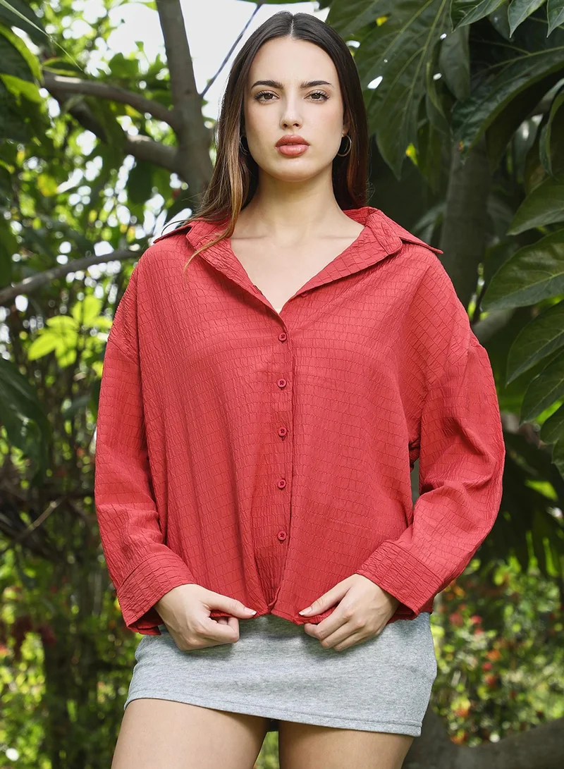 Campus Sutra Women's Rose Red Ruche-Textured Shirt For Casual Wear | Spread Collar | Long Cuffed Sleeves | Button Closure | Shirt Crafted With Comfort Fit For Everyday Wear