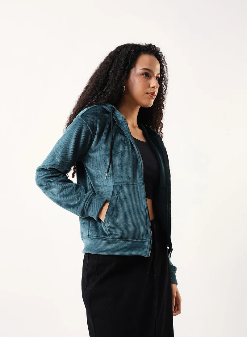 Dennis Lingo Women's Teal German Velvet Textured Regular Fit Jacket