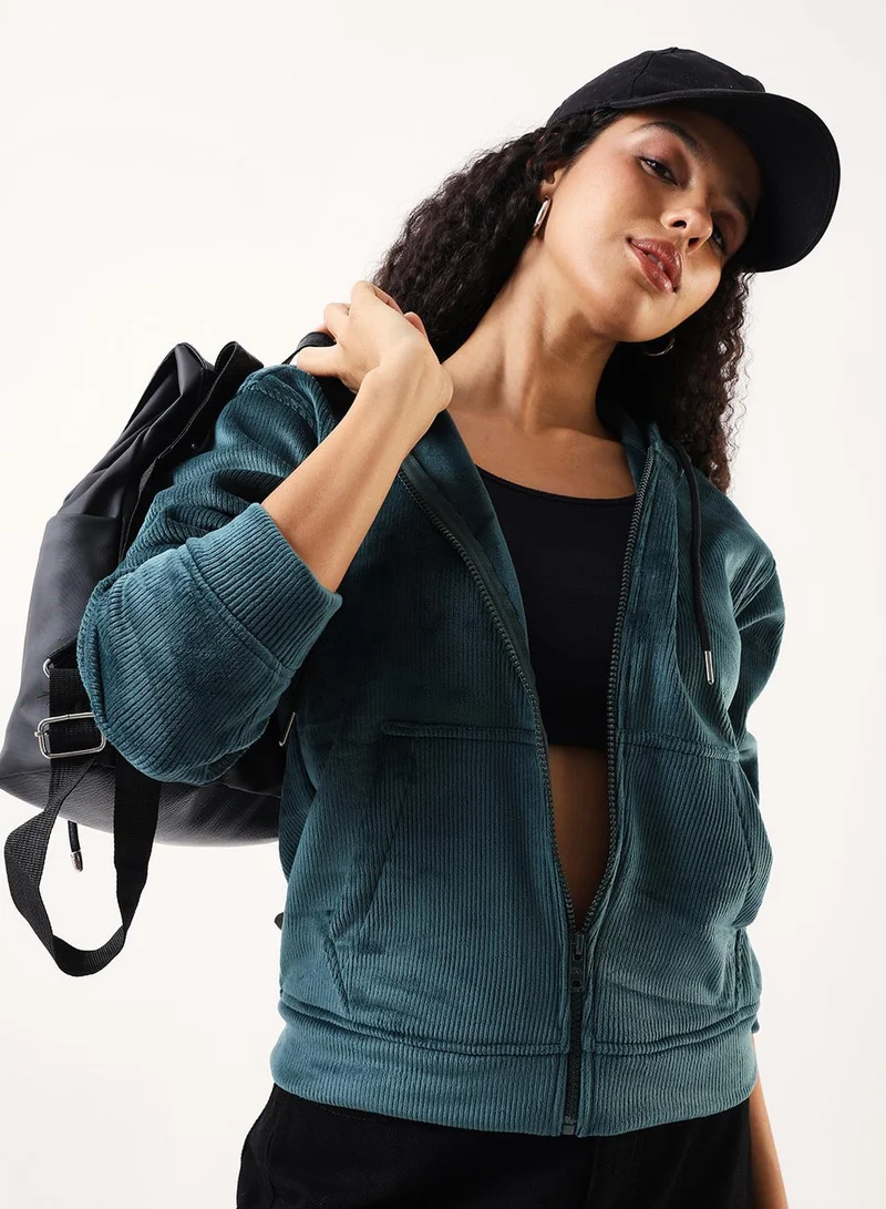 Women's Teal German Velvet Textured Regular Fit Jacket