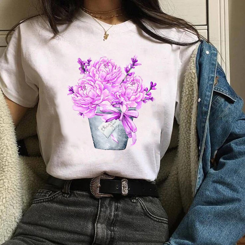 2023 Fashion Flowers Urban Shrimp Crewneck Printed White T-Shirt Short Sleeve Women'S - Image 1
