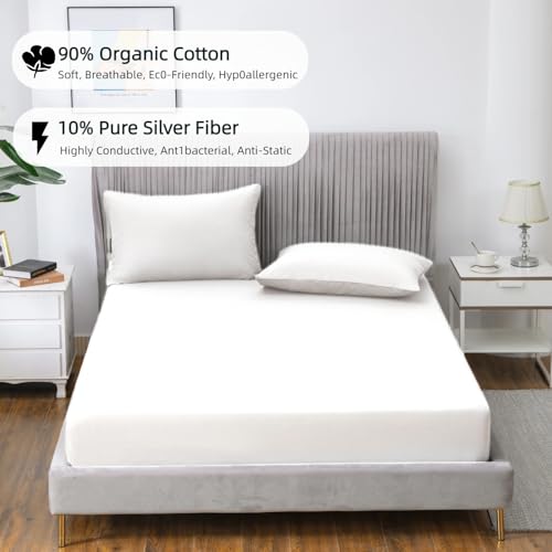 JIUMIWA Grounding Sheet King Size with 15ft Cord, 90% Organic Cotton + 10% Silver Fiber, Conductive Earthing Bed Sheets for Better Sleep and Wellness (White, King - 76"x80"x13") - Image 2