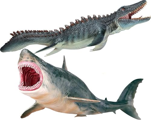 Gemini&Genius GeminiGenius Mosasaurus and Megalodon Water Dinosaur Great White Shark Toys Set Dinosaur with Sea Monster Set for Birthday Cake Toppers Action Figure Toy Collections Play or Display Toys for Kids - Image 1