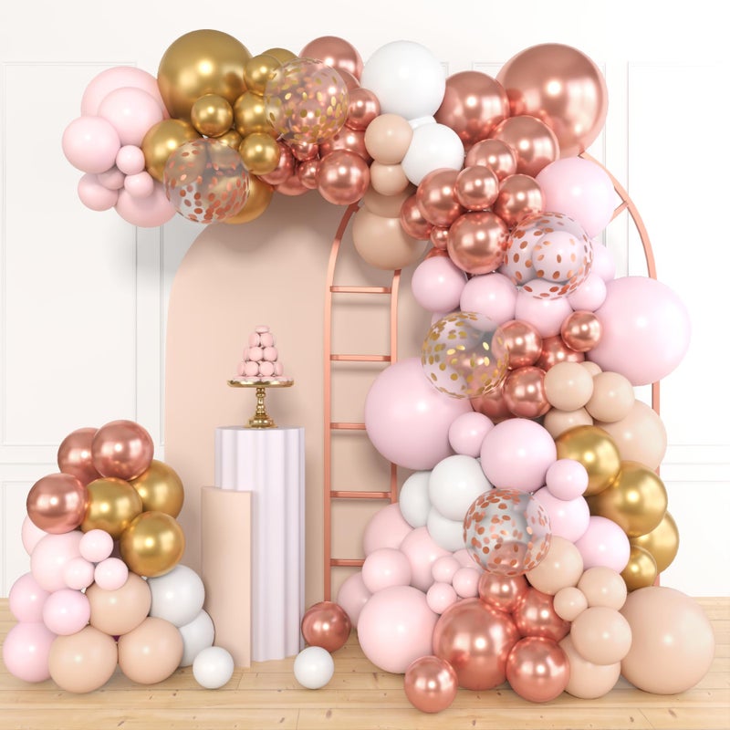 Amandir 164Pcs Rose Gold Pink Balloons Garland Arch Kit Light Pink Gold White Confetti Latex Metallic Balloons for Birthday Decorations Baby Shower Wedding Graduation Party Decorations - Image 1