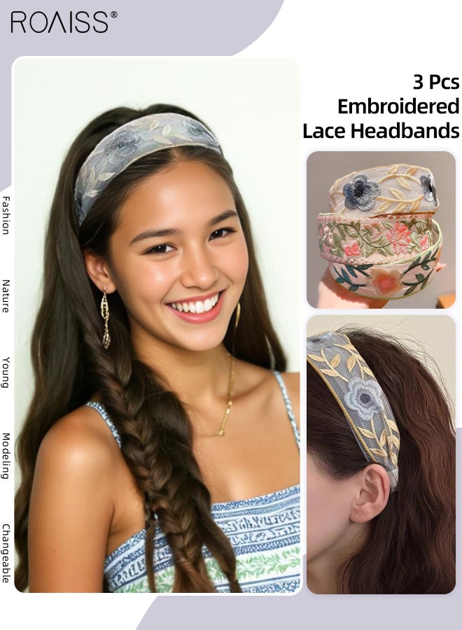roaiss 3 Pcs Embroidered Lace Headbands Bohemian Floral Headband, Wide Mesh Fabric Hairband, Sweet Embroidered Rose Flower Non-slip Head Band, Fashionable Hair Accessories for Women Summer Beach Travel  - Image 1