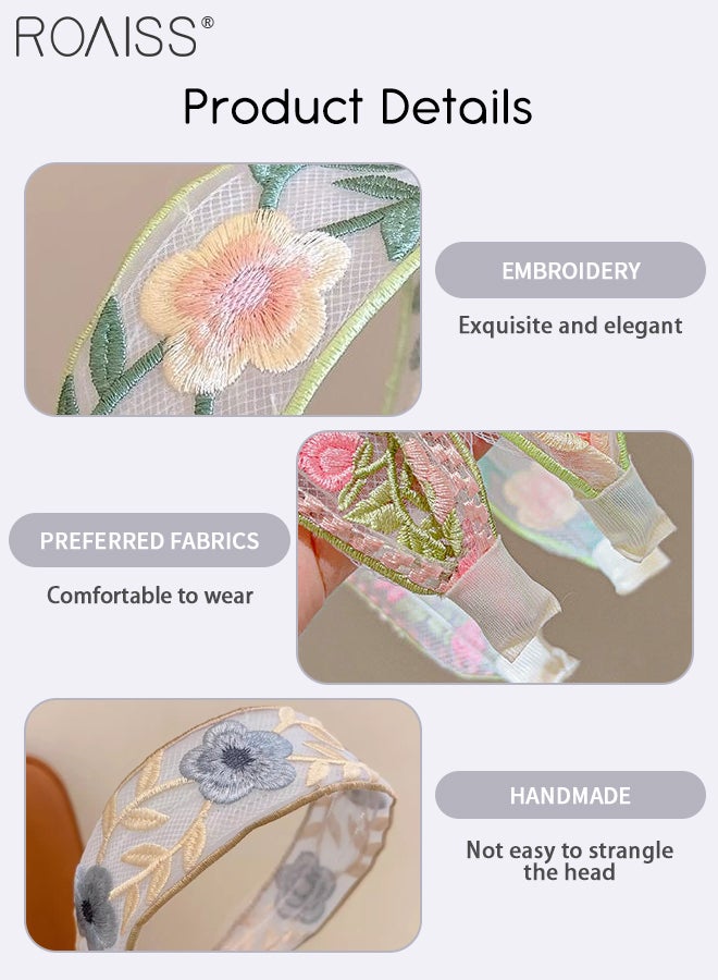 roaiss 3 Pcs Embroidered Lace Headbands Bohemian Floral Headband, Wide Mesh Fabric Hairband, Sweet Embroidered Rose Flower Non-slip Head Band, Fashionable Hair Accessories for Women Summer Beach Travel  - Image 5
