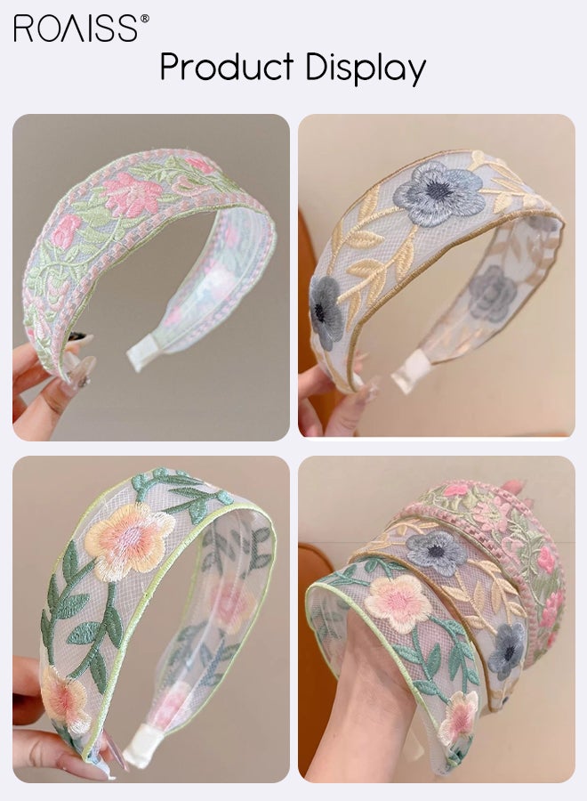 roaiss 3 Pcs Embroidered Lace Headbands Bohemian Floral Headband, Wide Mesh Fabric Hairband, Sweet Embroidered Rose Flower Non-slip Head Band, Fashionable Hair Accessories for Women Summer Beach Travel  - Image 3