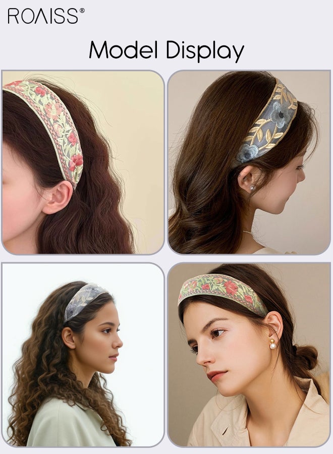 roaiss 3 Pcs Embroidered Lace Headbands Bohemian Floral Headband, Wide Mesh Fabric Hairband, Sweet Embroidered Rose Flower Non-slip Head Band, Fashionable Hair Accessories for Women Summer Beach Travel  - Image 2